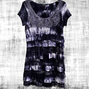 Tricotto Dress Womens L Boho Festival Romantic Tie-Dye Ruffle Embroidery Black